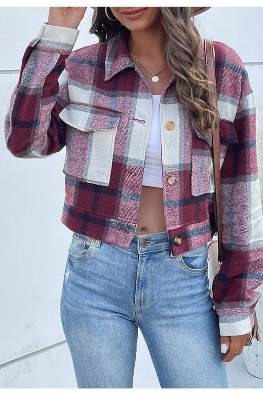 CWOJA0824_CROPPED PLAID CARDIGAN LAPEL JACKET