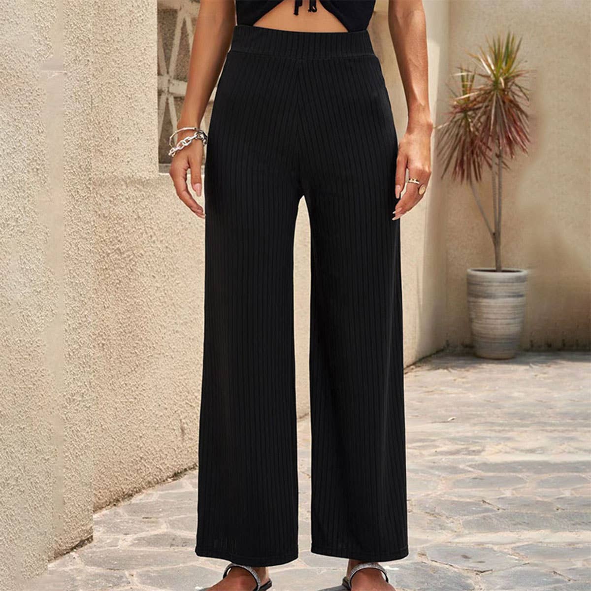 SOLID COLOR BREATHABLE ELASTIC WIDE-LEG PANTS