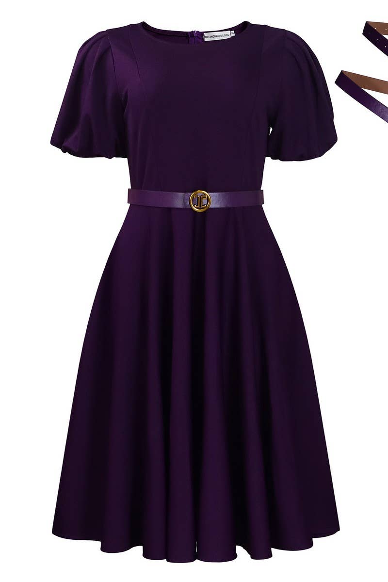 CWDMD01255_WOMEN PUFF SLEEVE ROUND NECK A LINE MIDI DRESS