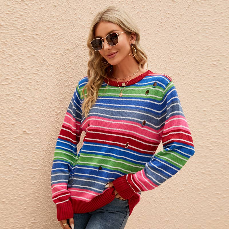 Striped color loose casual ripped sweater