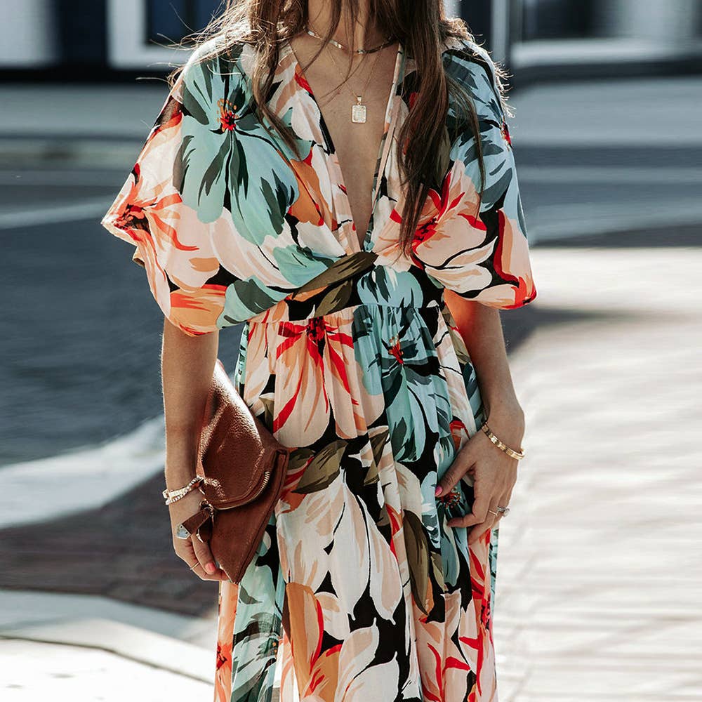 STYLISH V-NECK SLITS PRINT DRESS