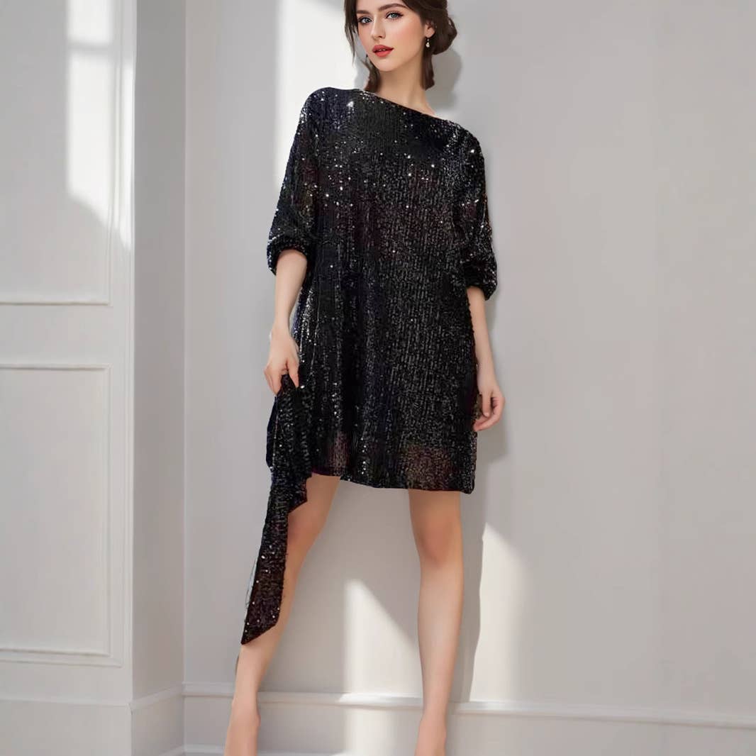 Sequined and beaded short waist-cinching dress