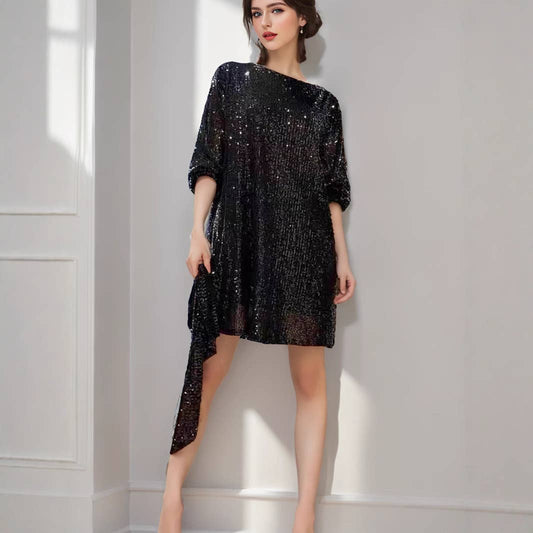Sequined and beaded short waist-cinching dress