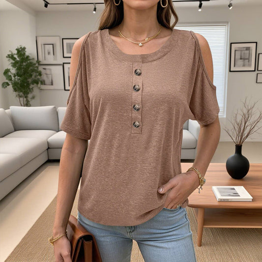 Solid-color off-the-shoulder short-sleeved Top