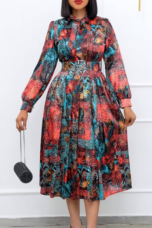 CWDMD3909_AUTUMN PRINT HIGH-WAISTED LONG-SLEEVED DRESS LONG