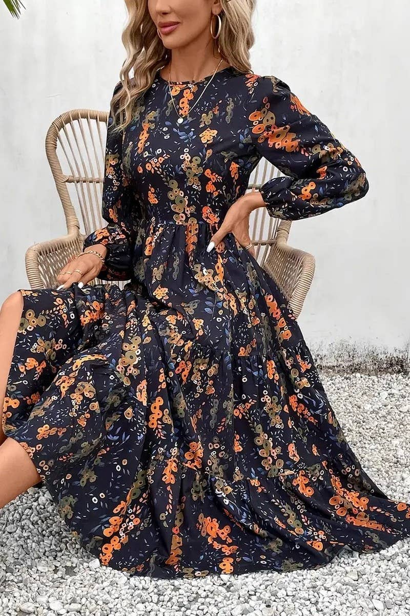 CWDMD5594_FASHION FLORAL PRINT ROUND NECK LONG SLEEVE DRESS