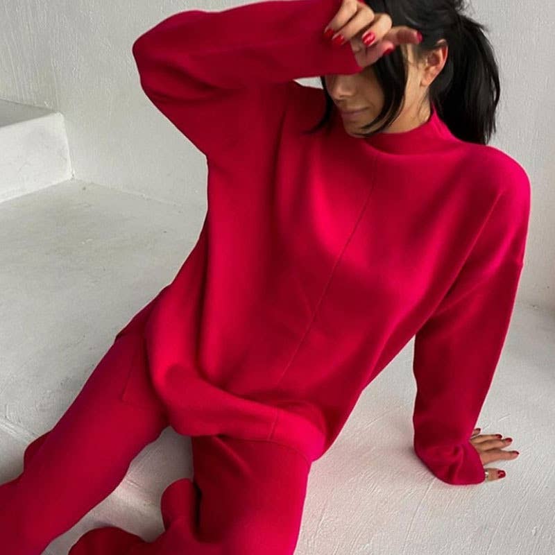 LONG SLEEVE LOOSE SWEATER KNIT TOP PANT SUIT