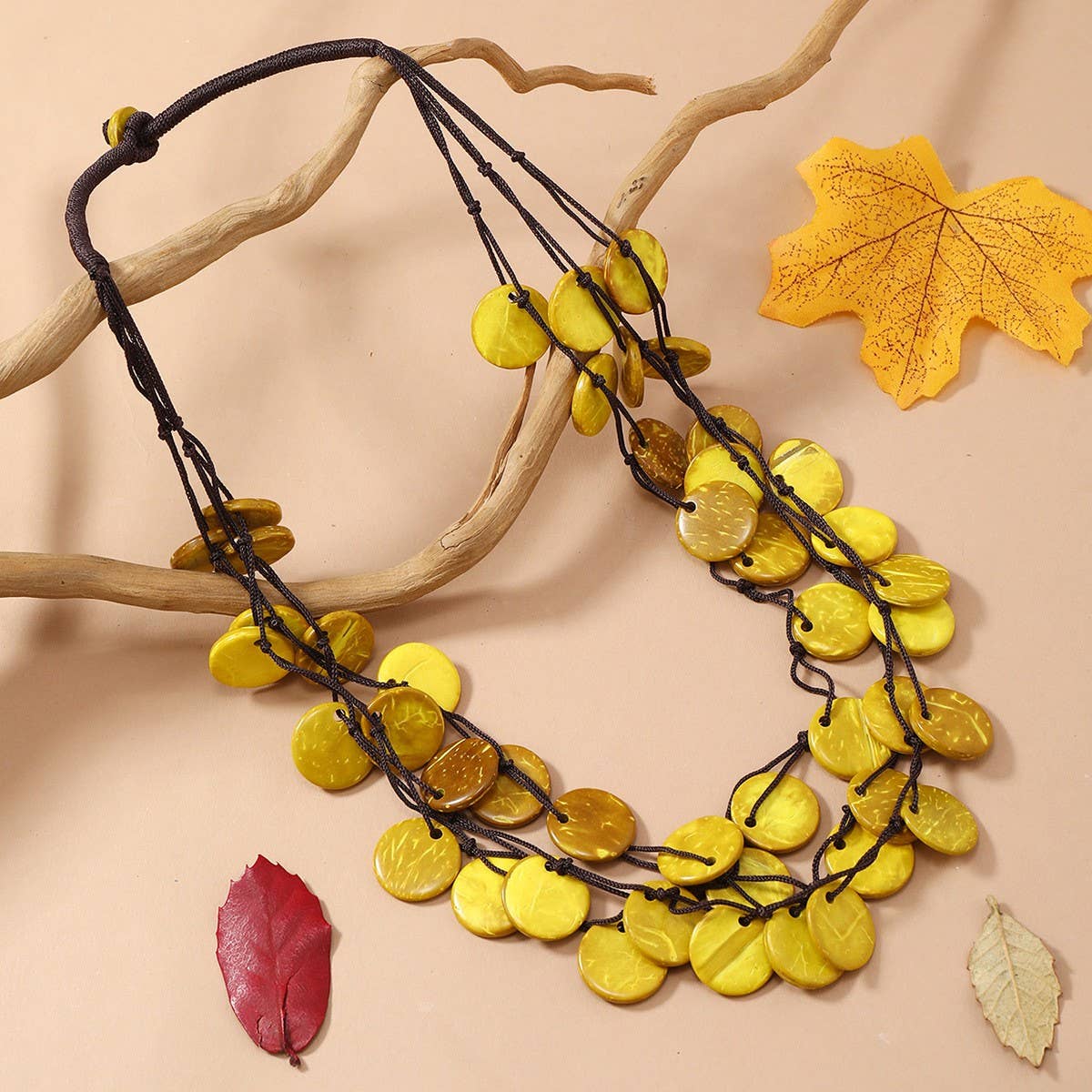 LONG COCONUT SHELL WOOD BEAD VINTAGE NECKLACE