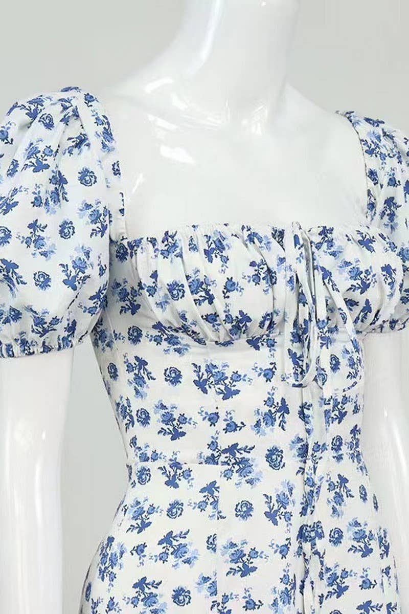 CWDMD5627_SEXY RUCHED PUFF SLEEVE TIE SLIT MIDI DRESS