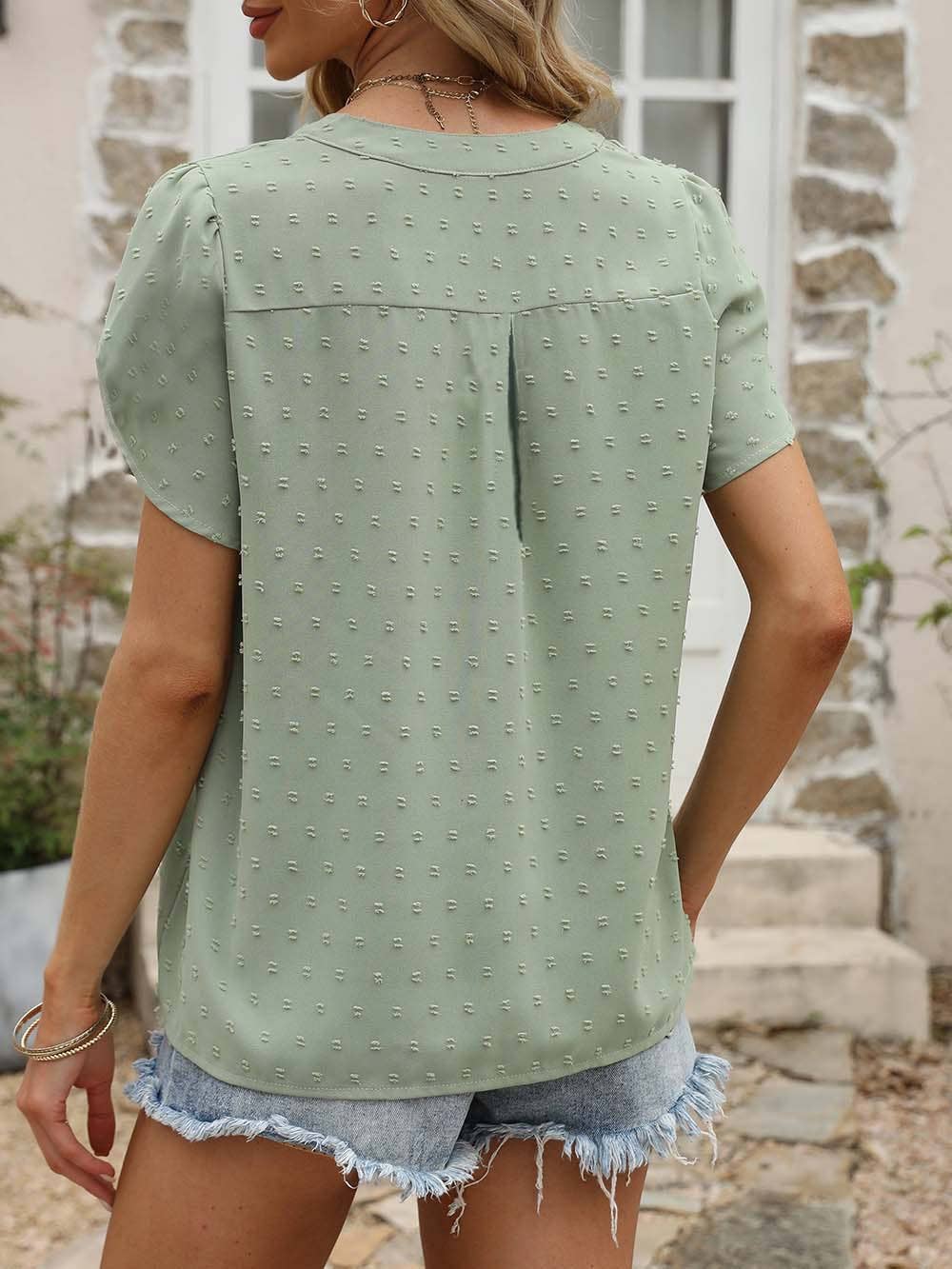 V-NECK JACQUARD SHORT SLEEVE SHIRT BLOUSE