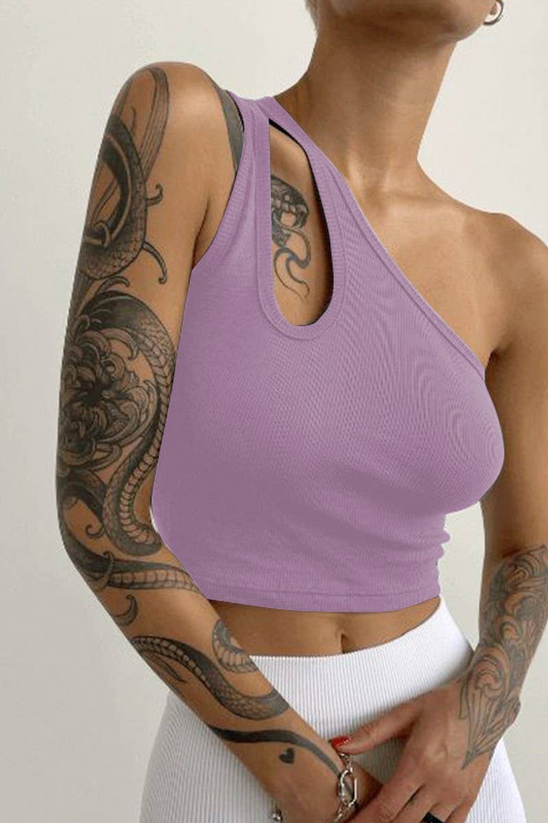 SLANT SHOULDER SLIM CROP CUTOUT SLEEVELESS TOP_CWTTK0309