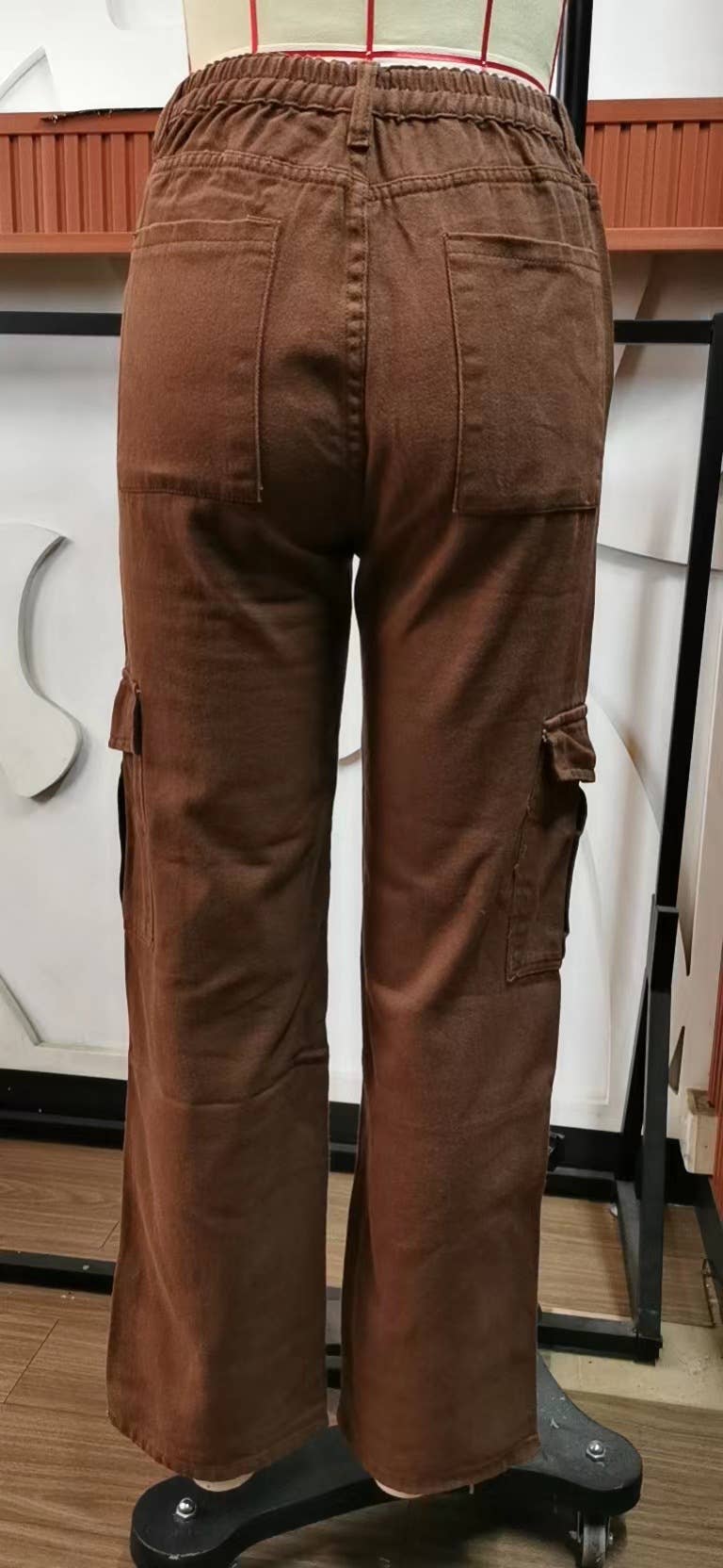 WASHED SEMI-ELASTIC-WAISTED DENIM CARGO PANTS