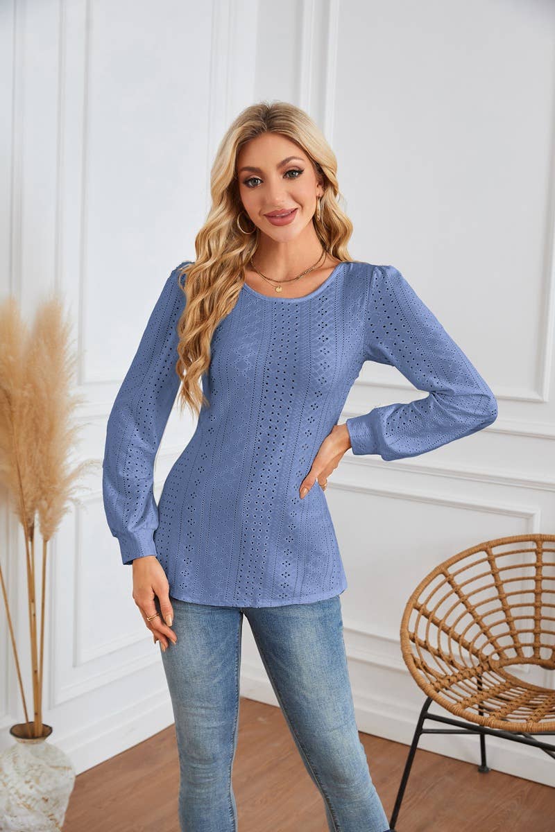 ROUND NECK T-SHIRT WITH HOLES AND PUFFY SLEEVES
