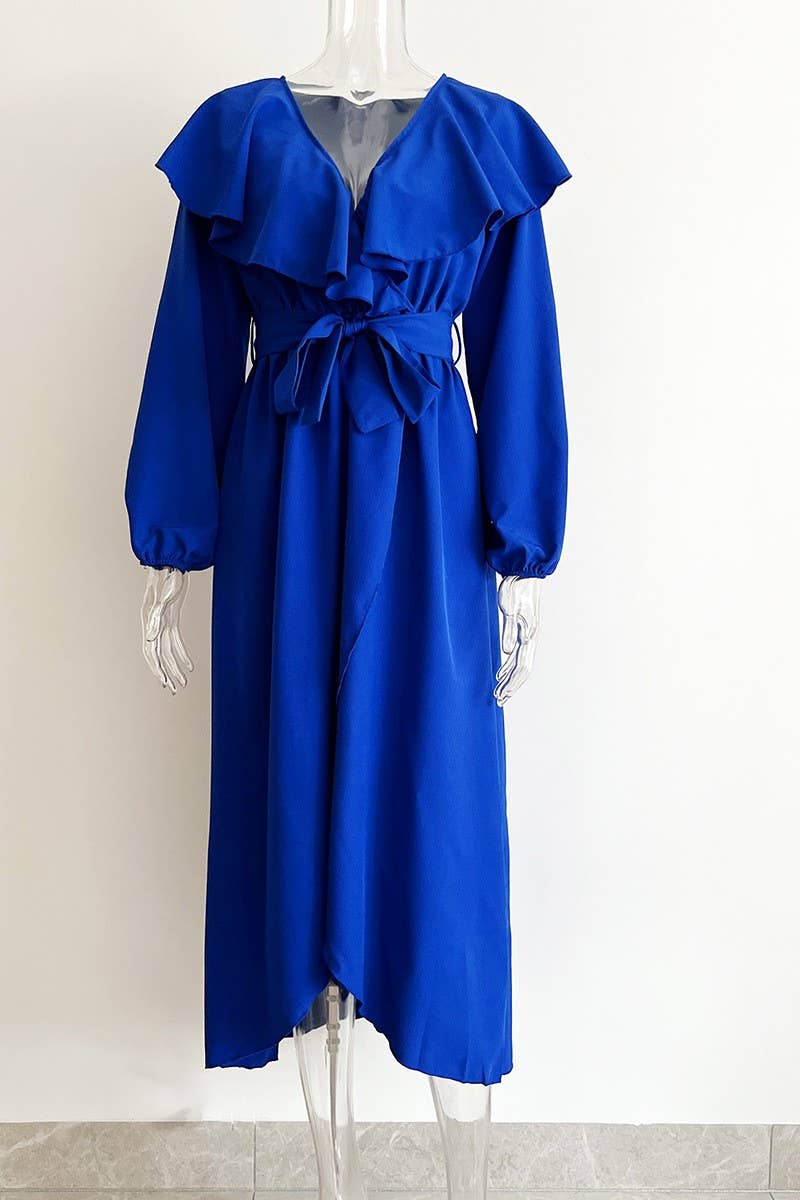 CWDMD4823_RUFFLED V-NECK LONG-SLEEVED SWING DRESS