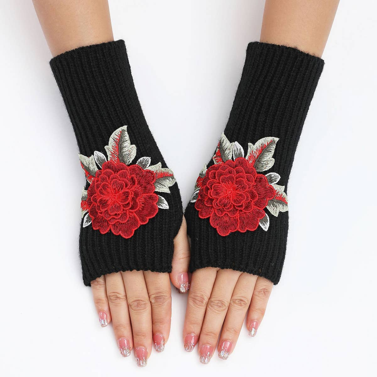 FLOWER WARM KNITTED WOOL GLOVES AND SLEEVES_CWAG0109
