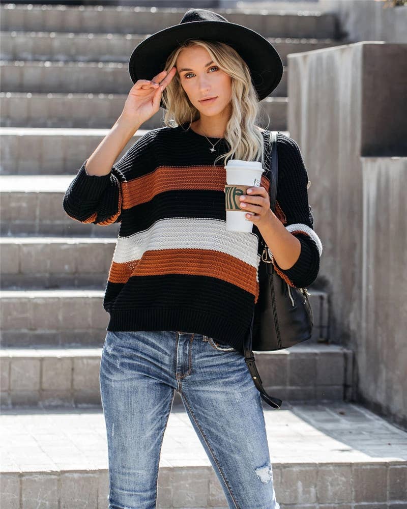 INTERCOLOR PATCHWORK PULLOVER LOOSE SWEATER