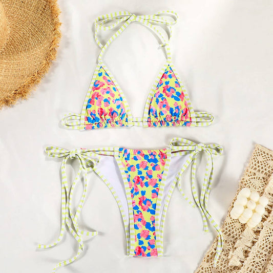CONTRAST PRINT STRAPPY BIKINI SWIMSUIT