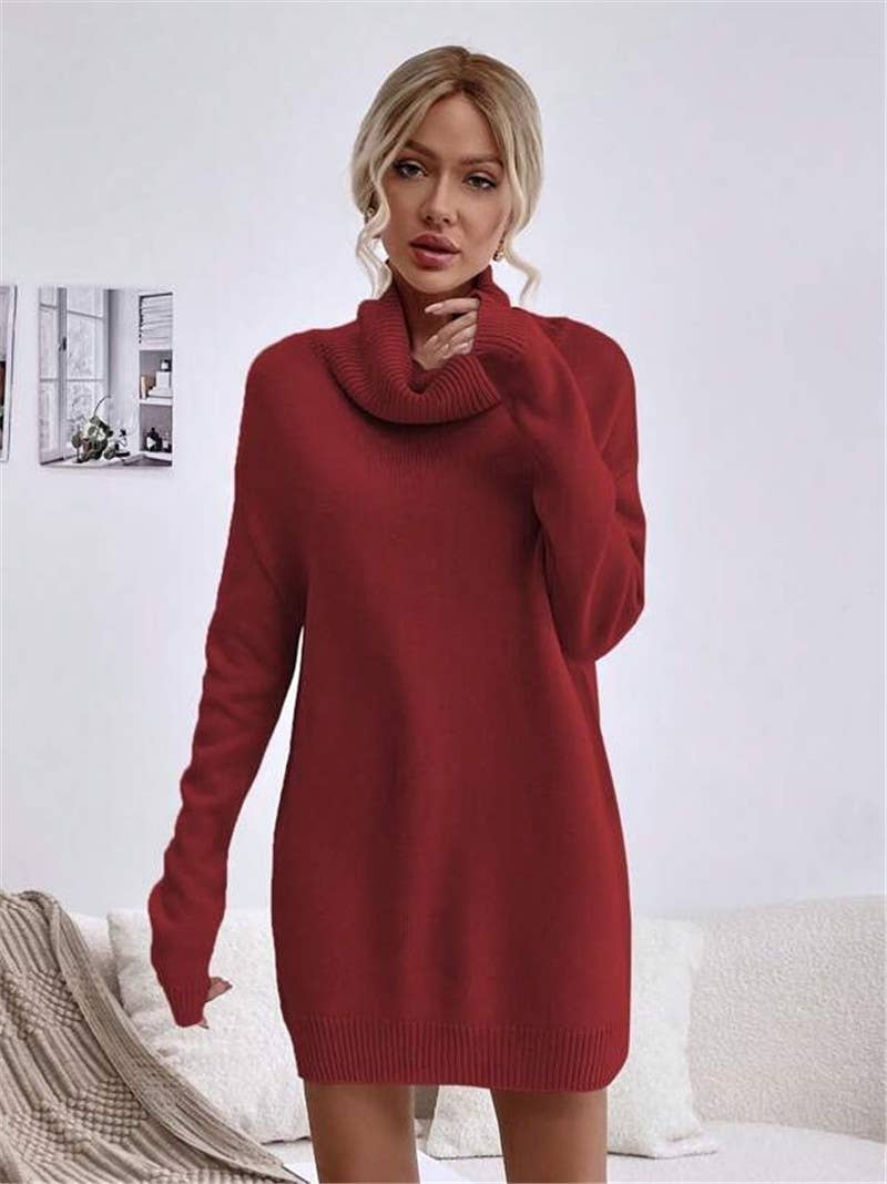 Solid-color loose high-neck knitted dress