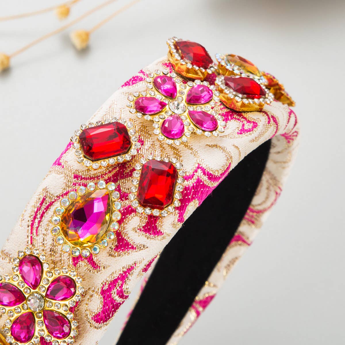 VINTAGE EMBROIDERED FABRIC WIDE BRIM HEADBAND