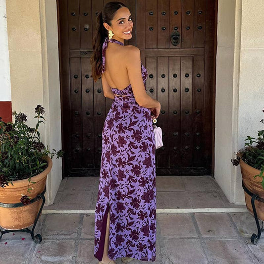 Off-the-shoulder printed, backless slit dress
