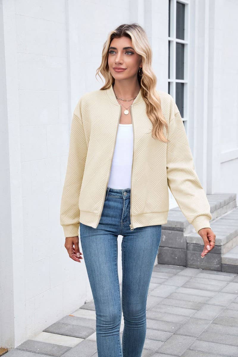 CWOCO00238_SOLID ZIP UP LONG SLEEVE CASUAL BOMBER JACKET