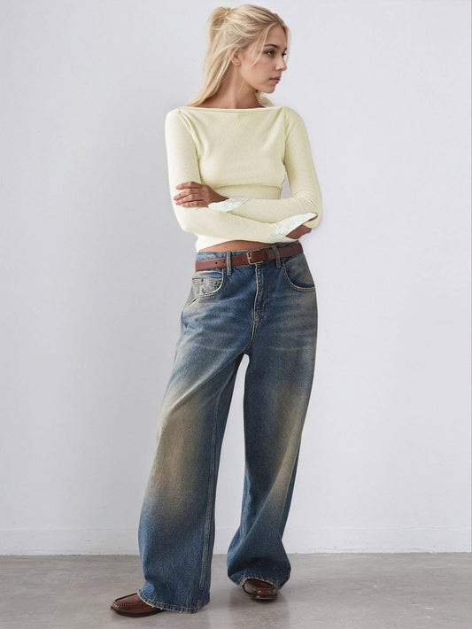 Knitted lace long-sleeved one-shoulder slim top