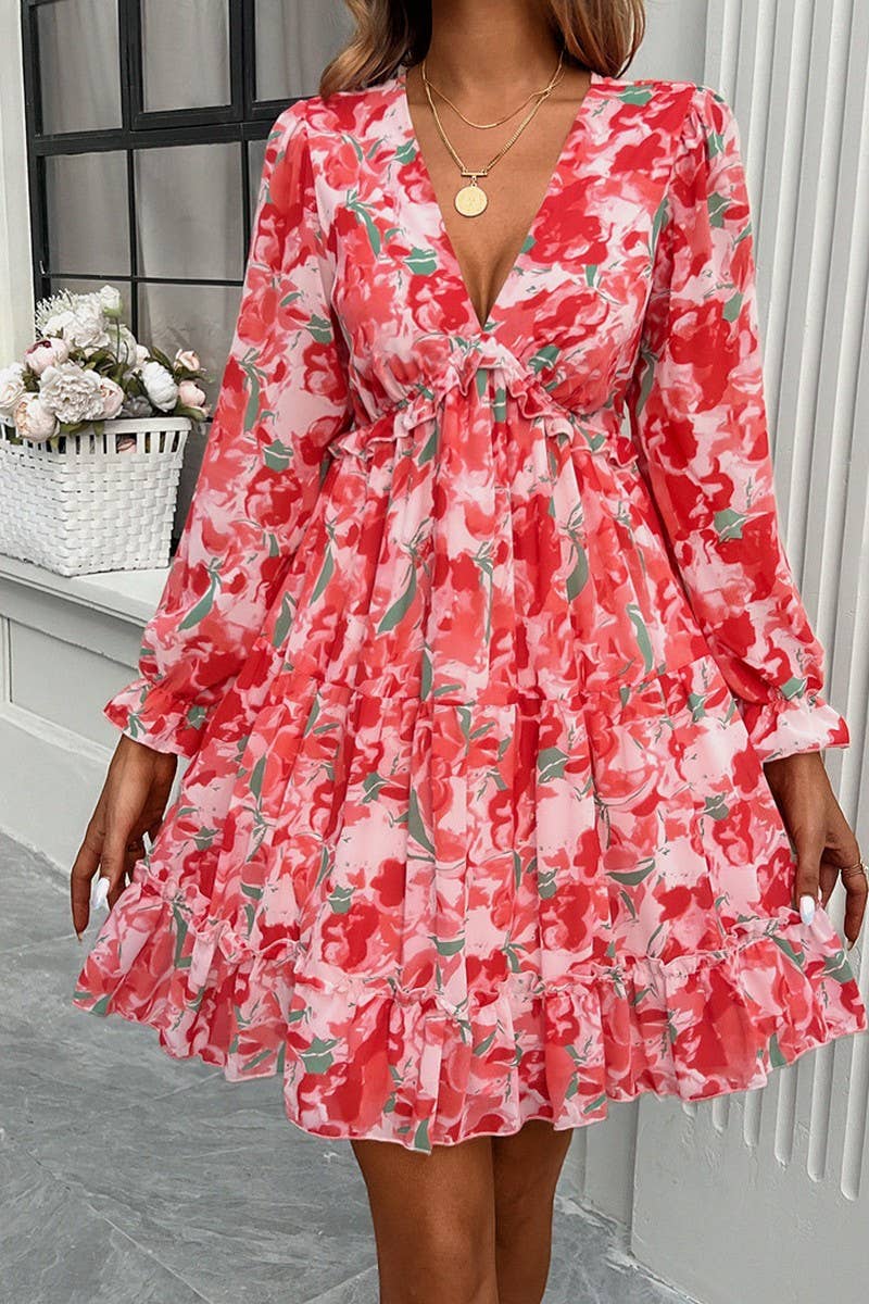 CWDSD7137_ELEGANT PRINTED V NECK LONG SLEEVE DRESS