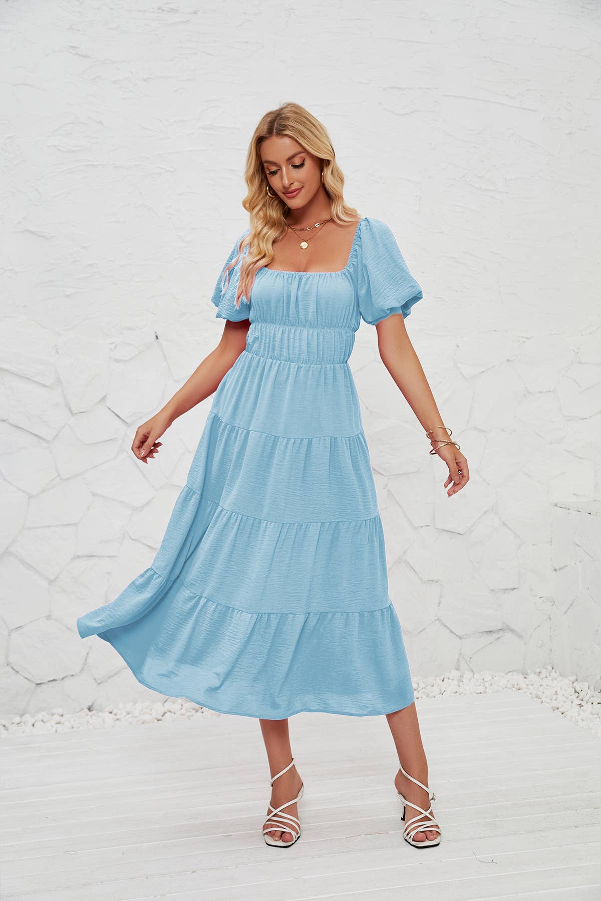 SQUARE-NECK HIGH-WAISTED PLEATED DRESS