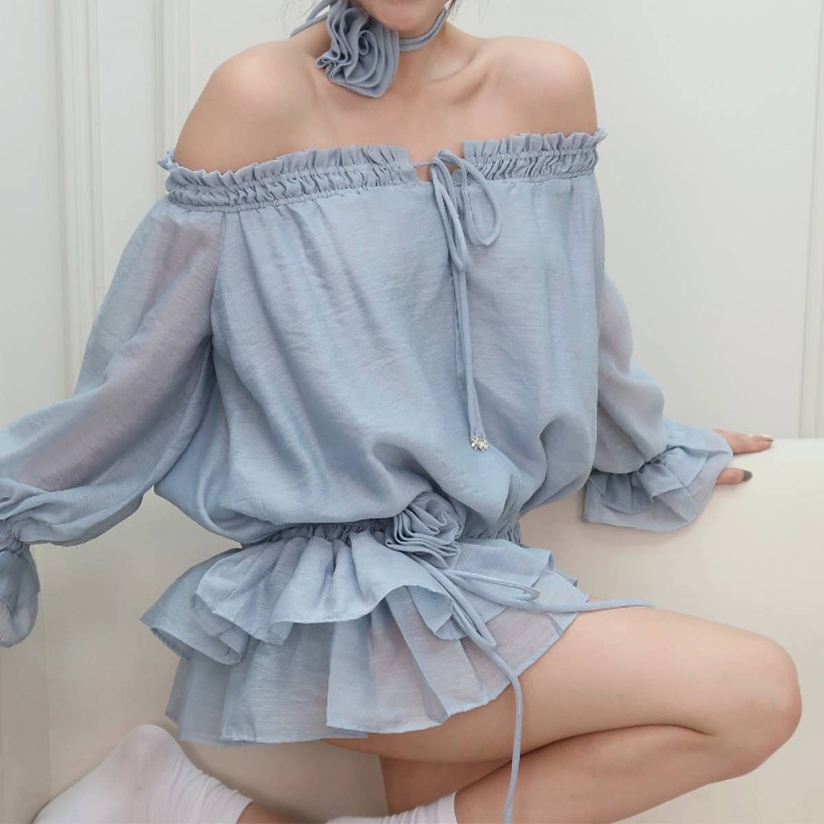Off shoulder ruffle chiffon long sleeve dress
