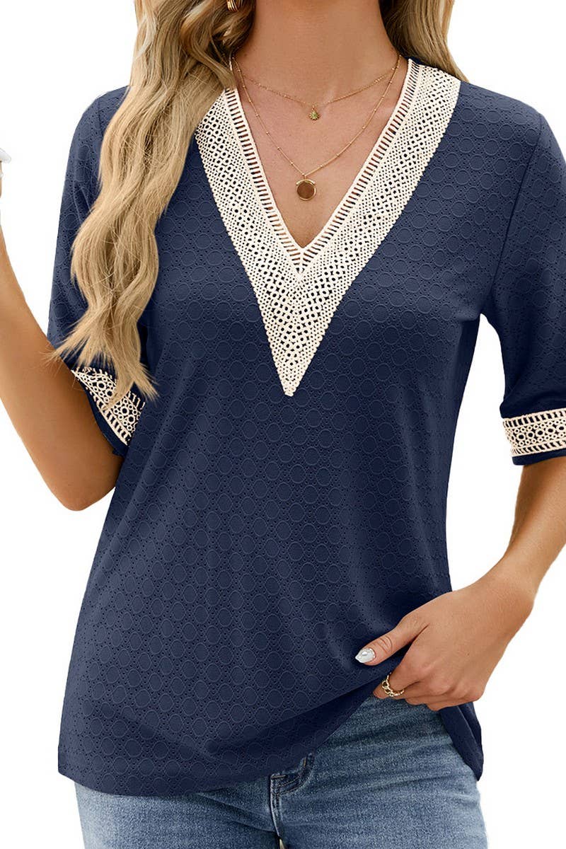 V NECK LACE STITCHING SOLID COLOR LOOSE TOP_CWTSTS0187