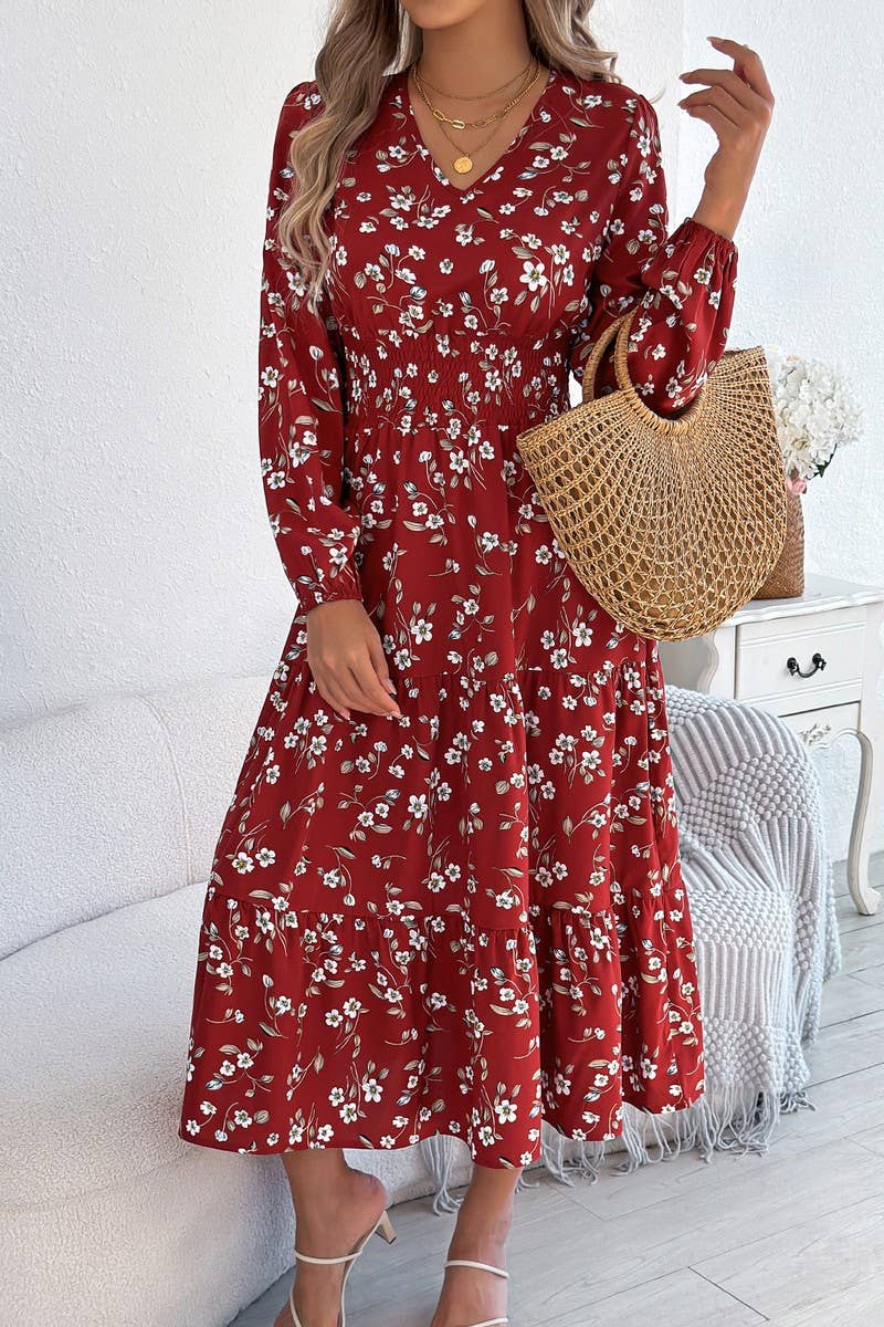 CWDMD6028_FLORAL V-NECK LONG SLEEVE RUFFLE WAIST DRESS