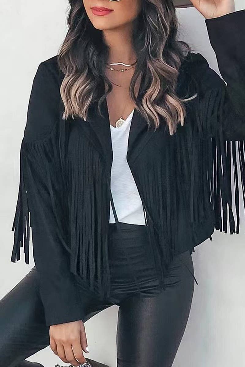 CWOCAL2295_AUTUMN WOMEN'S SHORT SLIM FIT FRINGE COAT
