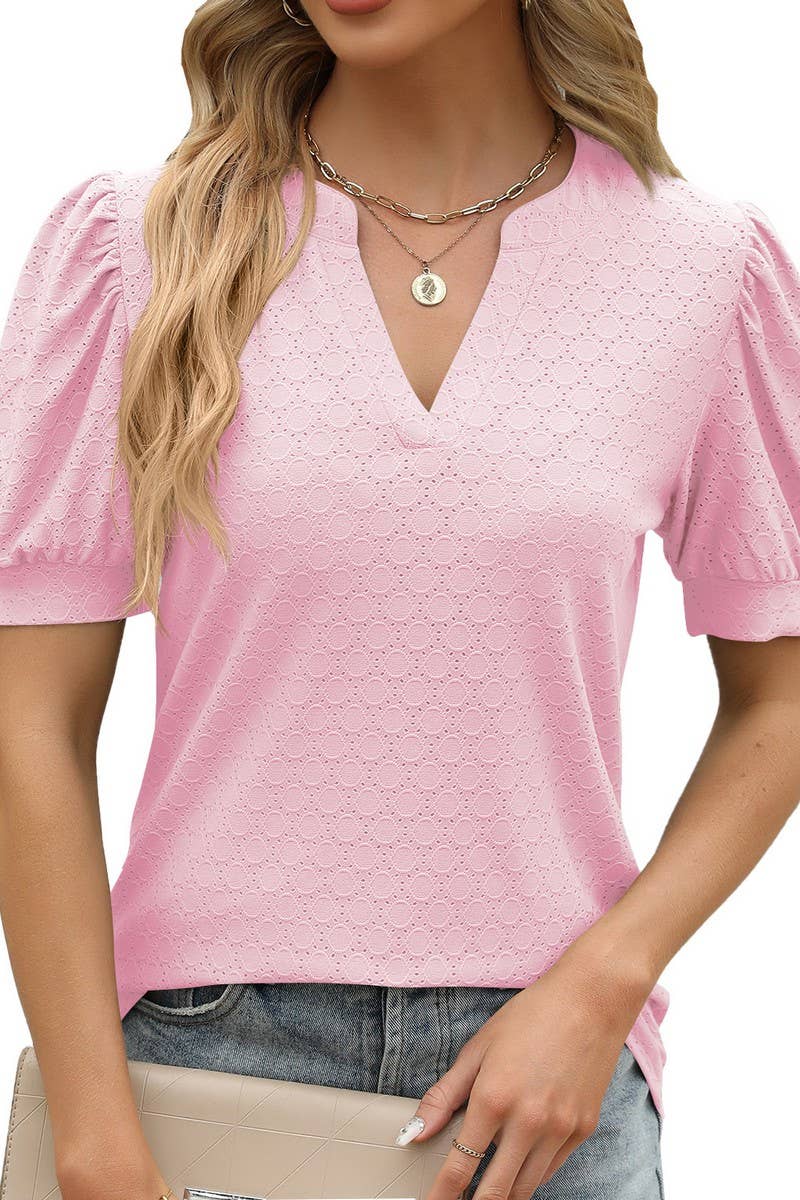 V NECK PUFFY SLEEVE PLEATED LOOSE T SHIRT_CWTSTS0181