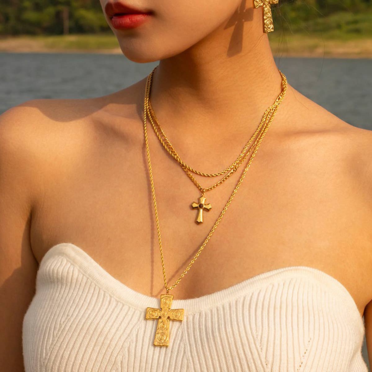 FRENCH PLEATED GOLD CROSS DOUBLE NECKLACE