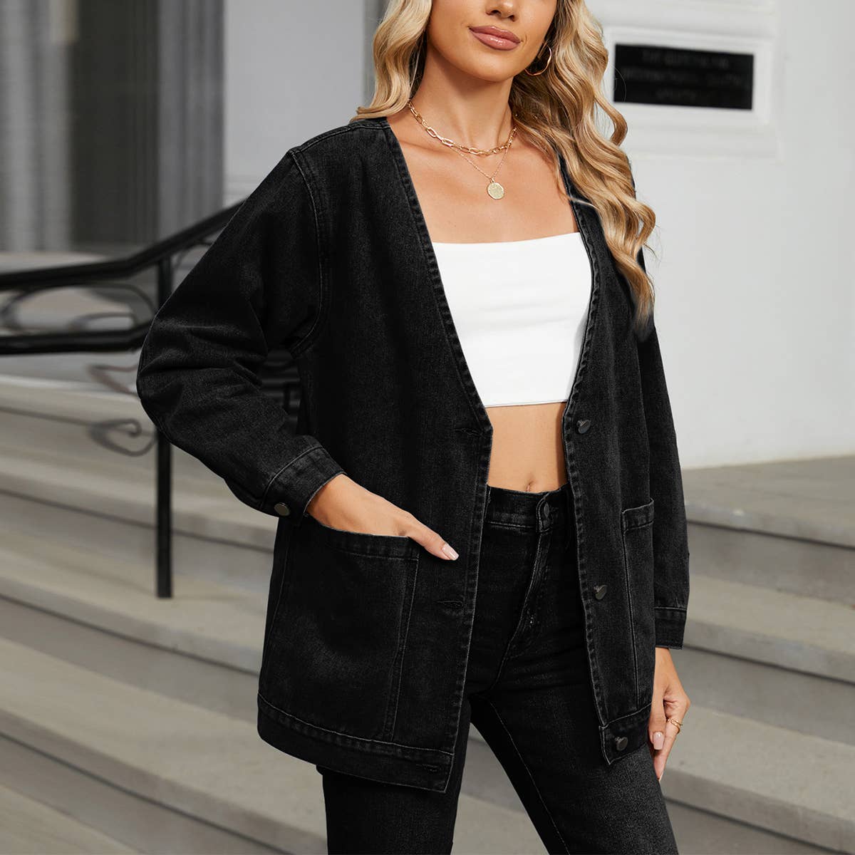 WASHED LONG SLEEVE V-NECK DENIM COAT TOP