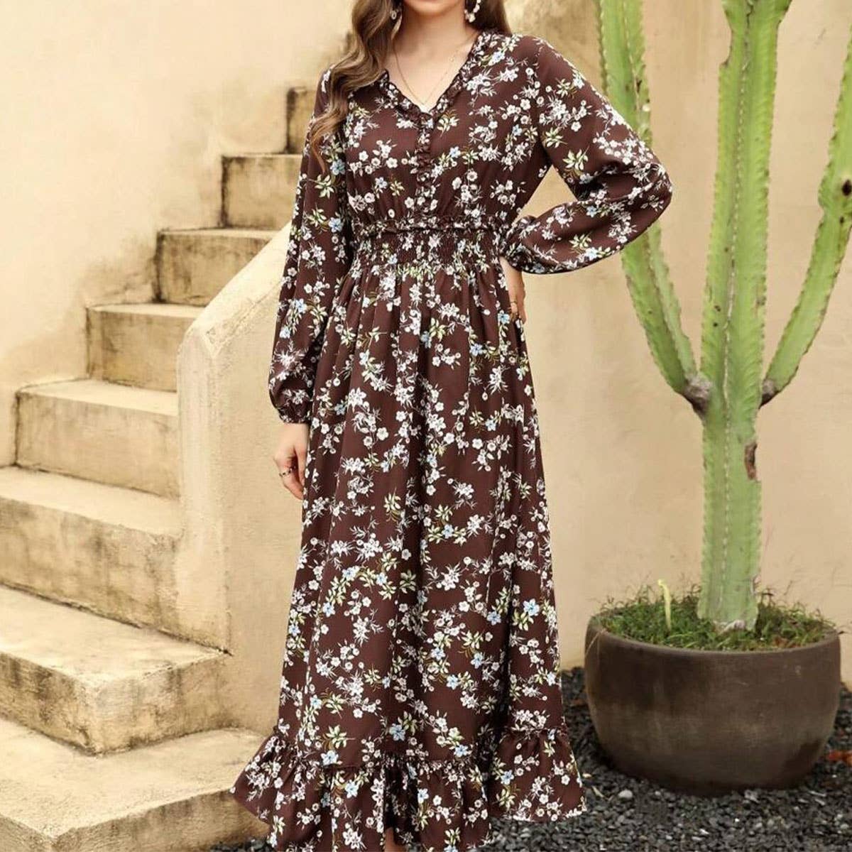 WOMEN'S BOHO LONG-SLEEVED PRINTED LONG DRESS