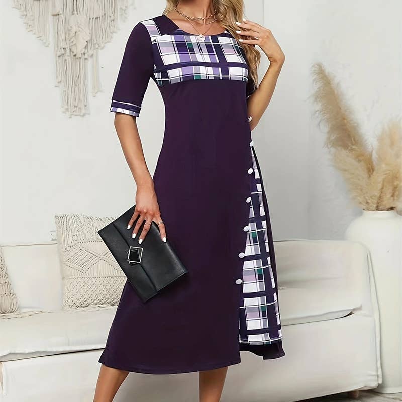 ROUND NECK COLOR CONTRAST IRREGULAR LONG DRESS