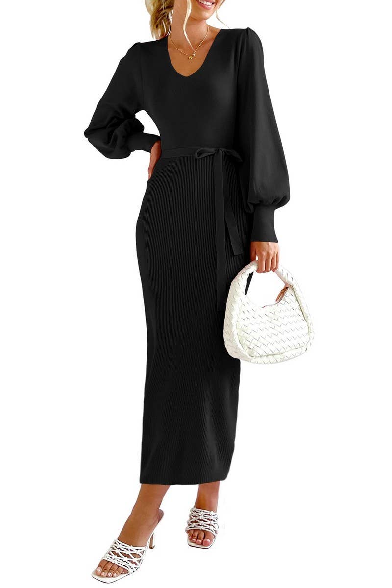 Lantern sleeve slim slim long solid color knit dress