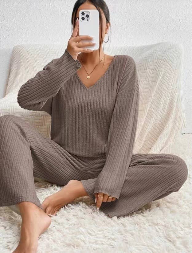V-NECK LOOSE CASUAL PIT STRIP LONG SLEEVE SUIT