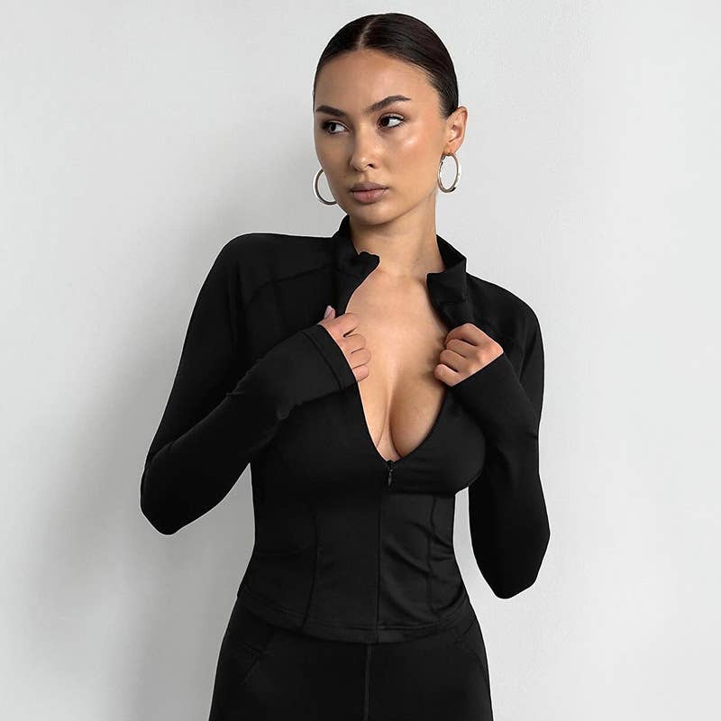 LAPEL ZIPPER PULLOVER LINE WAIST YOGA T-SHIRT