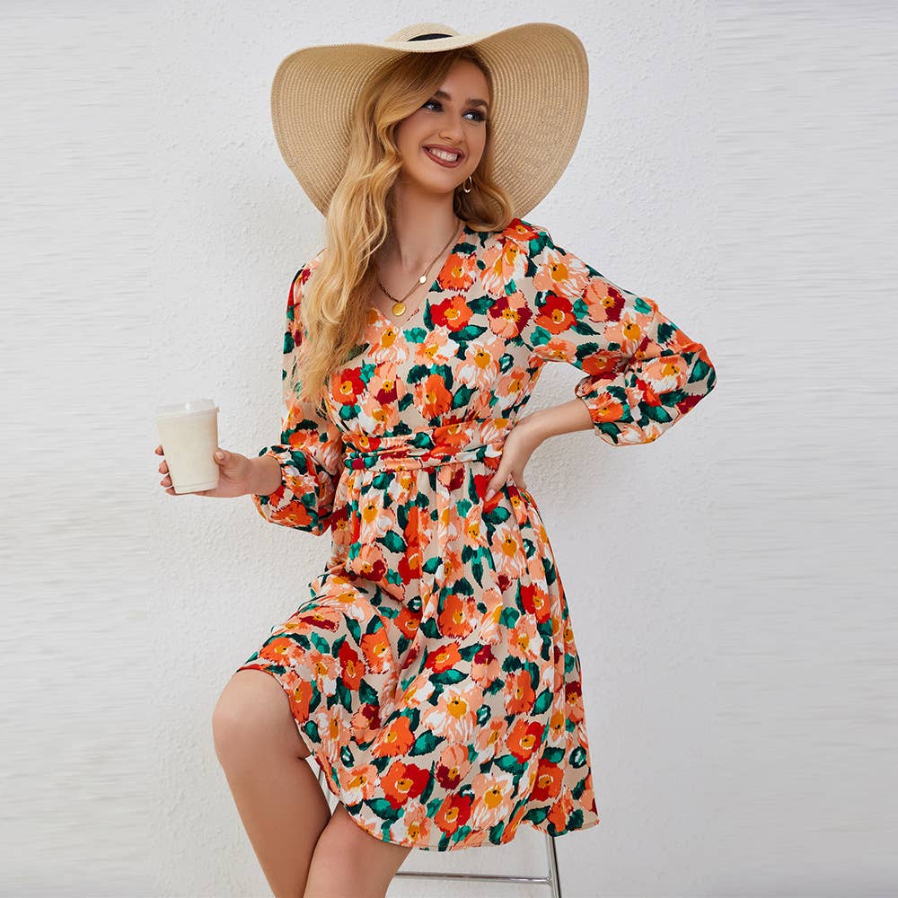 V Neck Floral Long Sleeve Dress with Waist Tie