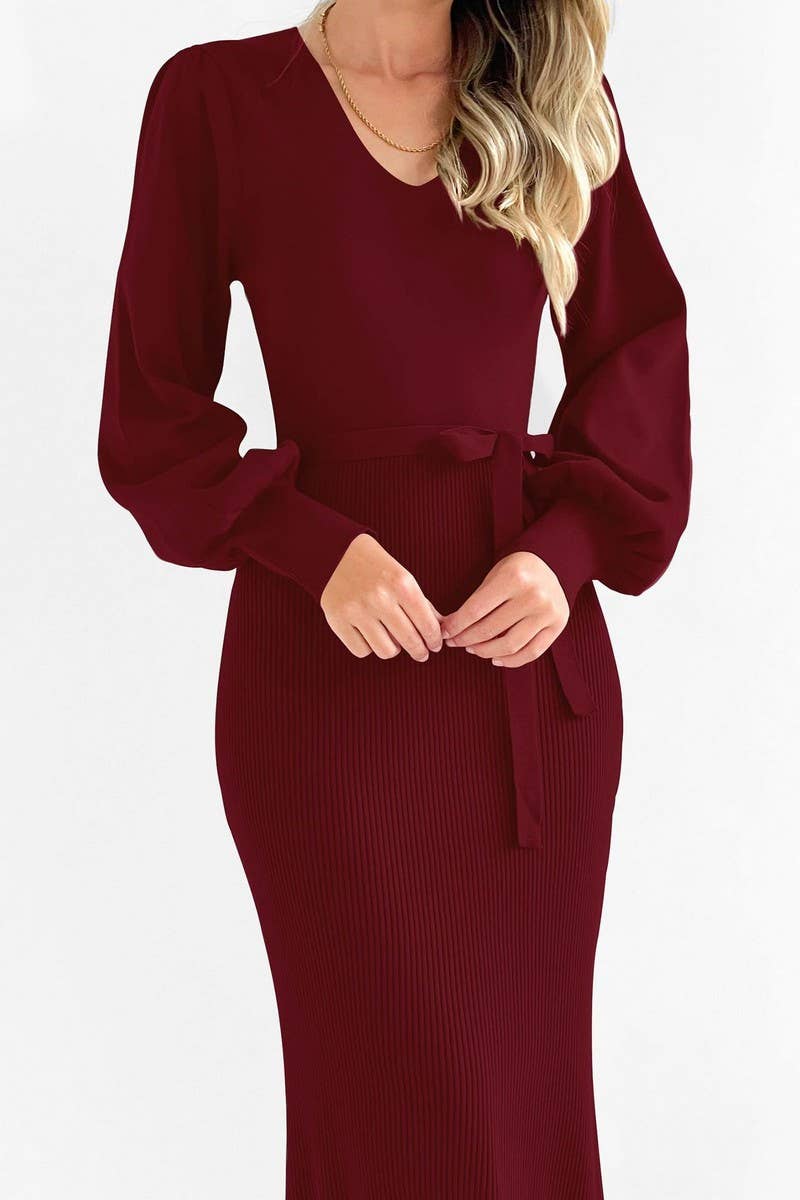 Lantern sleeve slim slim long solid color knit dress