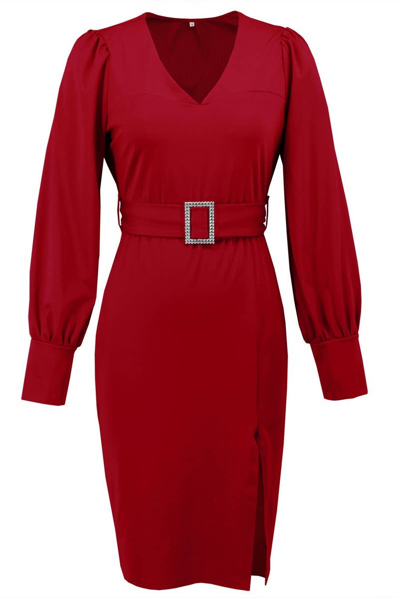 CWDSD6454_V-NECK LONGSLEEVED BELT HIP-WRAPPED KNITTED SKIRT