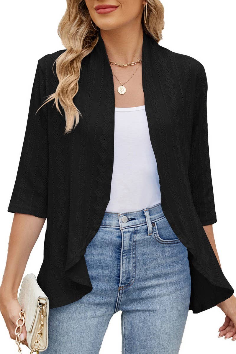 CWOCO1162_SOLID COLOR 3/4 SLEEVE RUFFLED CARDIGAN