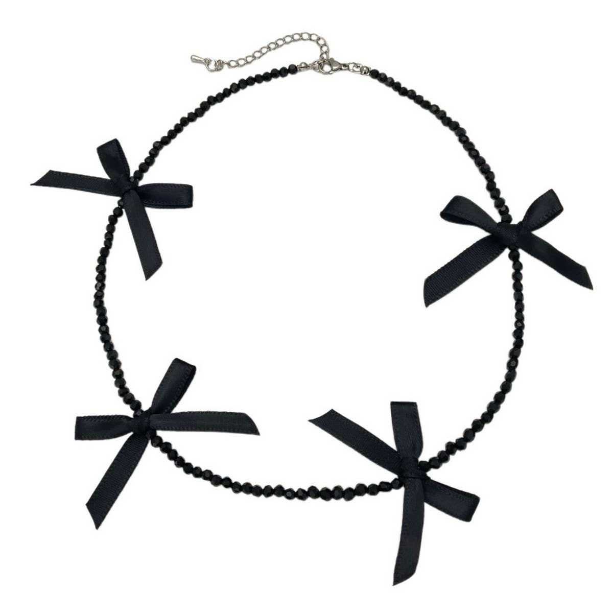 HAND-WOVEN BLACK CRYSTAL BEADED BOW NECKLACE
