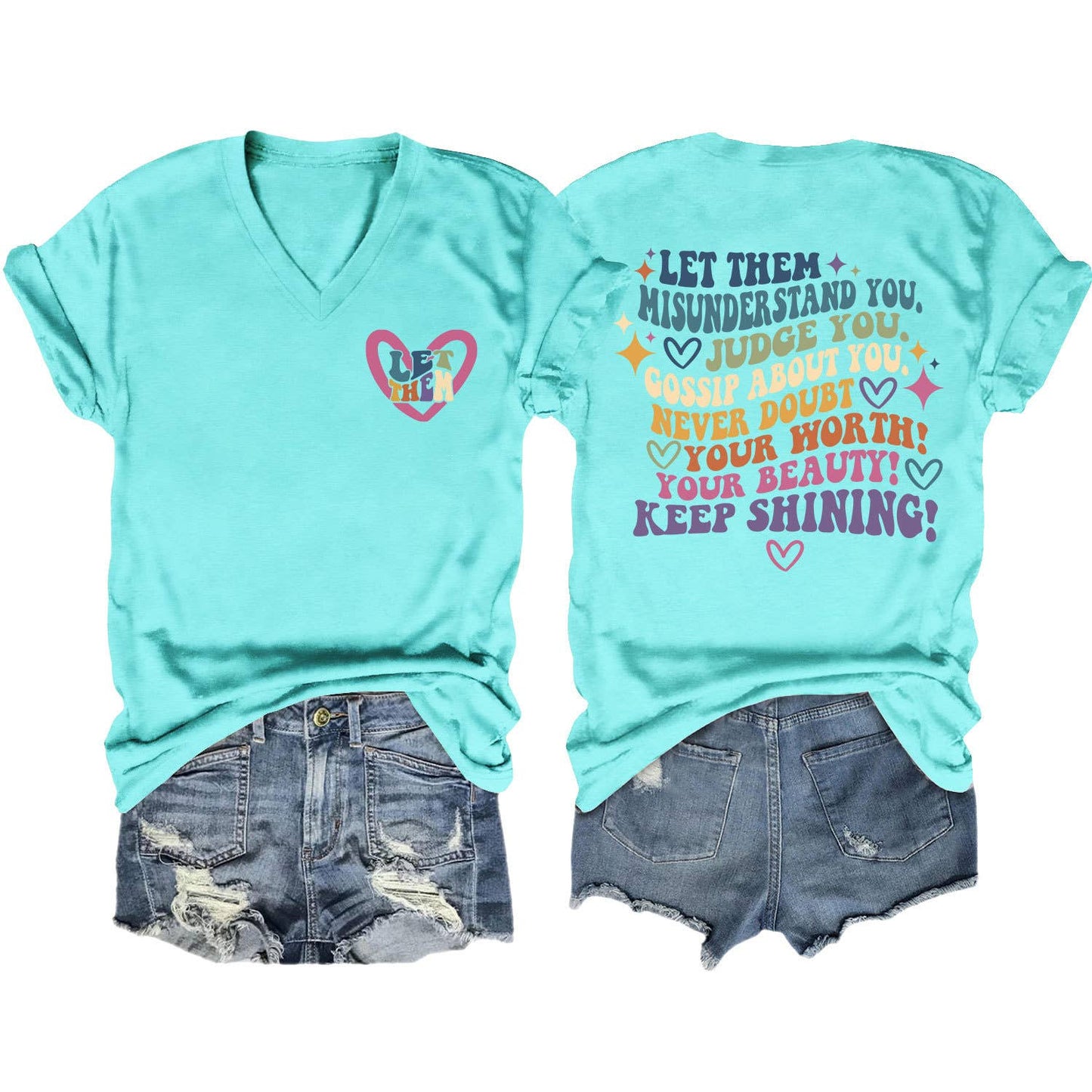 V-neck and fun letters Elegant women's T-shirt