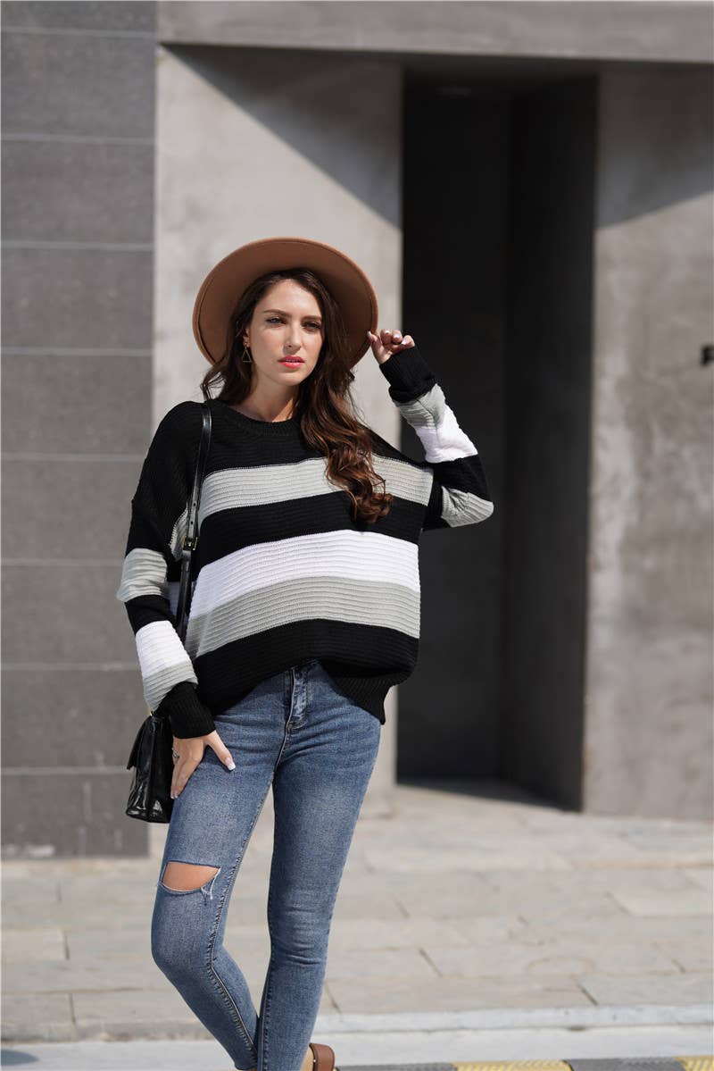 INTERCOLOR PATCHWORK PULLOVER LOOSE SWEATER