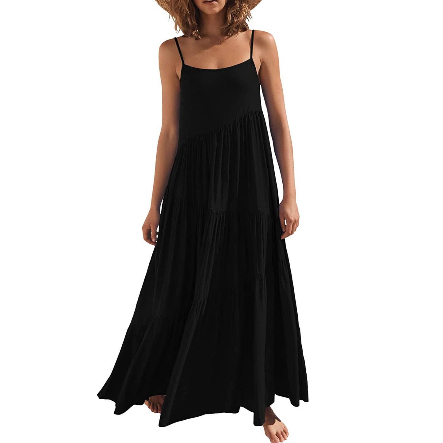 Pleated loose solid-color long beach halter dress