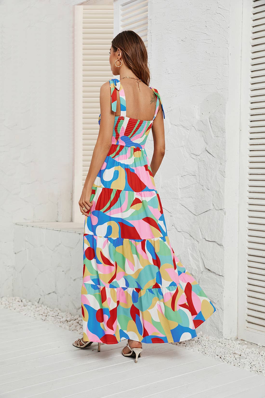 Drawstring print waist dress