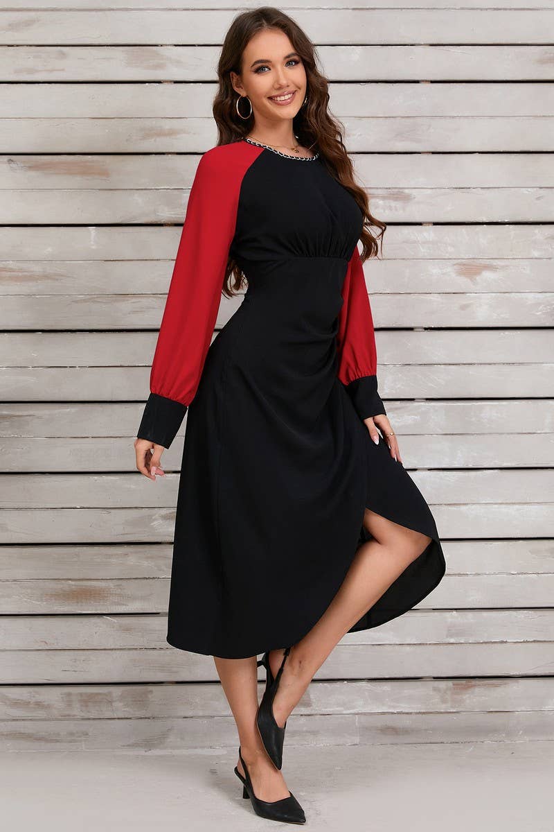 CWDSD6459_CONTRAST COLOR IRREGULAR METAL NECKLACE DRESS